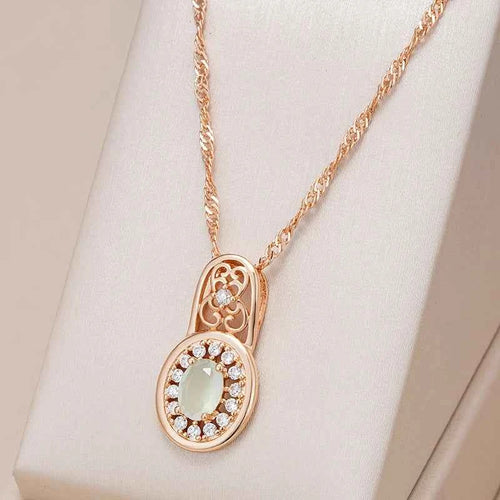 Luxury Natural Zircon Oval Cut Emerald Pendant Necklaces With Rose Gold Color Flower