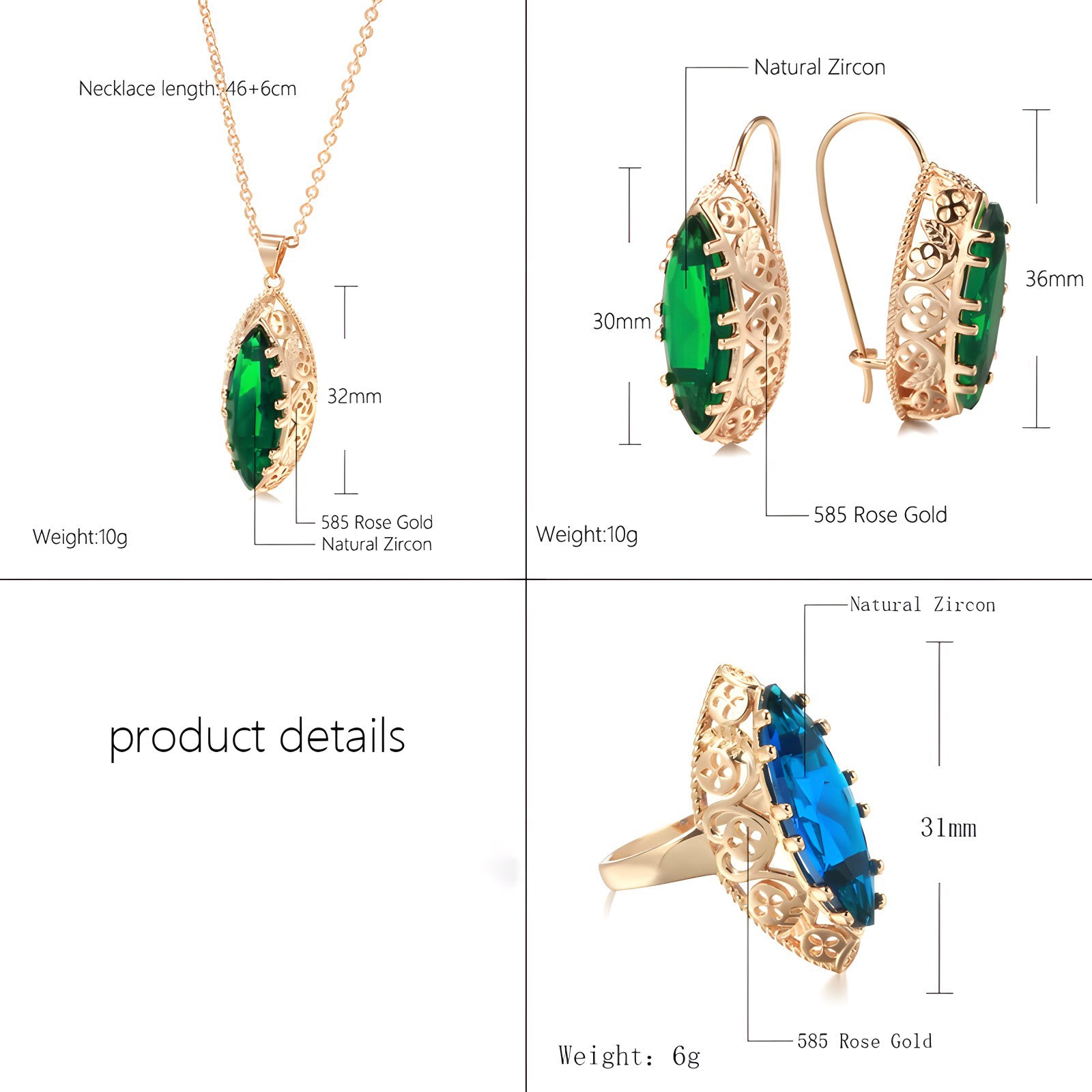 Rose Gold Ethnic Necklace Earrings Ring Set Rhombus Natural Zircon Hollow Flower Vintage Jewelry Sets