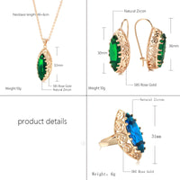 Rose Gold Ethnic Necklace Earrings Ring Set Rhombus Natural Zircon Hollow Flower Vintage Jewelry Sets