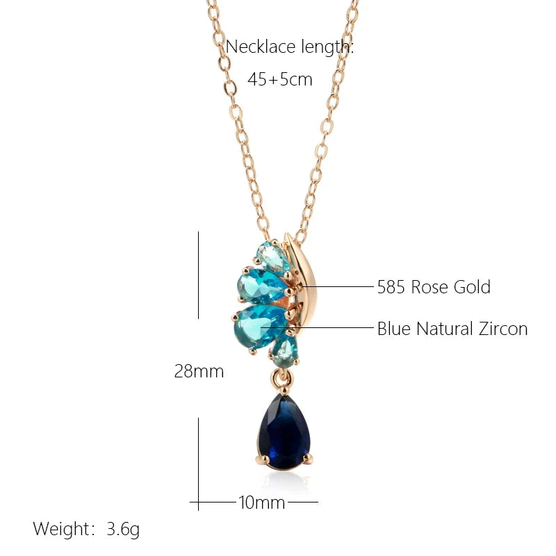 585 Rose Gold Color Pendant Necklace for Women's Blue Natural Zircon Accessories Ethnic Vintage Daily Fine Jewelry