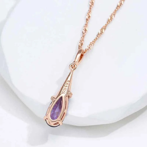 Rose Gold Color Long Pendant Water Drop Purple Natural Zircon Necklace