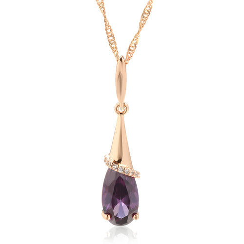 Rose Gold Color Long Pendant Water Drop Purple Natural Zircon Necklace - SEIYI