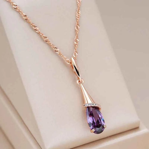 Rose Gold Color Long Pendant Water Drop Purple Natural Zircon Necklace