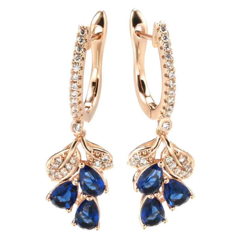 Rose Gold Color Vintage Blue Natural Zircon Flower Drop Earring