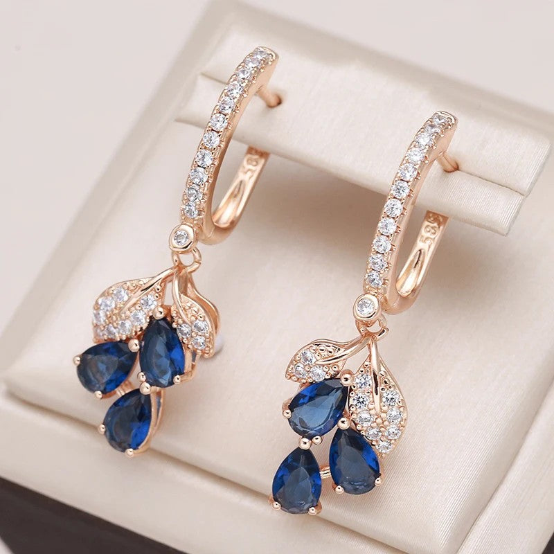 Rose Gold Color Vintage Blue Natural Zircon Flower Drop Earring