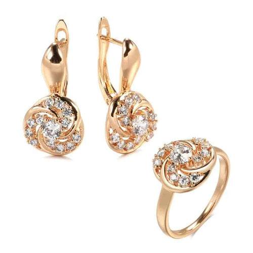 Rose Gold Natural Zircon Flower Earrings and Ring Set