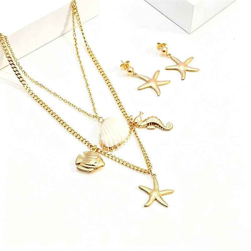 Summer Beach Double-layer Starfish Seahorse Necklace Earrings Set
