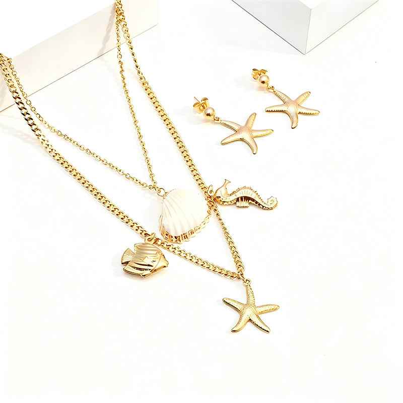 Summer Beach Double-layer Starfish Seahorse Necklace Earrings Set