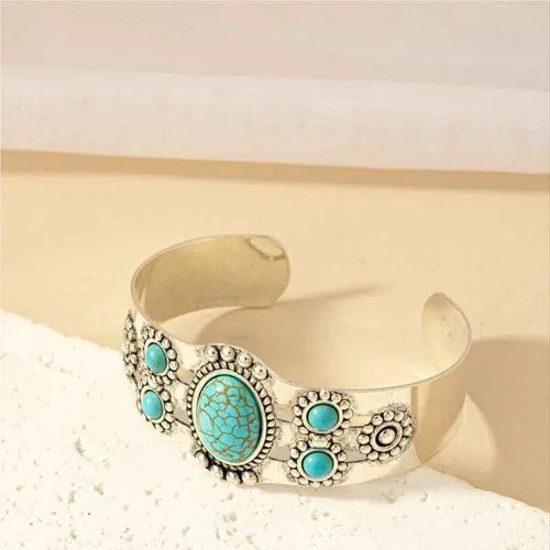 Vintage Bohemian Style Artificial Inlaid Turquoise Cuff Bangle