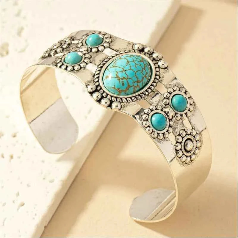Vintage Bohemian Style Artificial Inlaid Turquoise Cuff Bangle