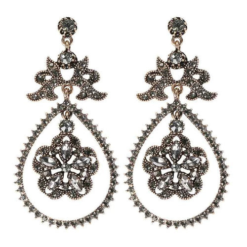 Vintage Gray Crystal Flower Antique Gold Water Drop Earrings