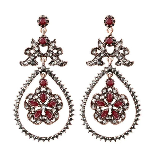 Vintage Gray Crystal Flower Antique Gold Water Drop Earrings