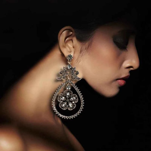 Vintage Gray Crystal Flower Antique Gold Water Drop Earrings