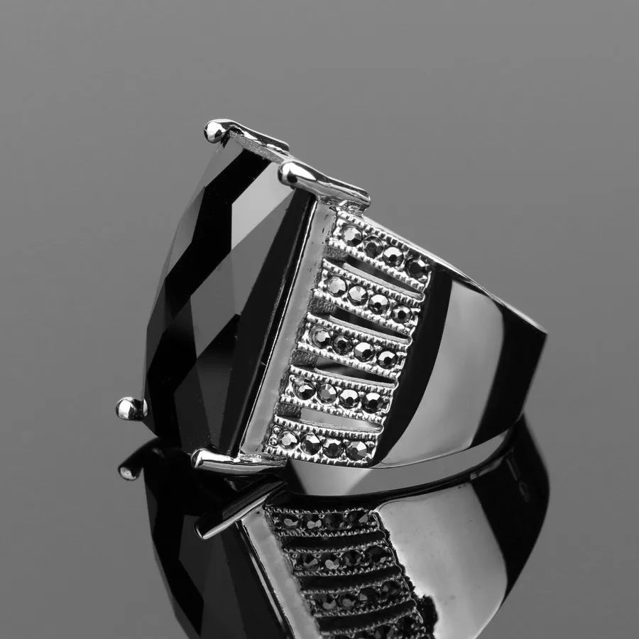 Vintage Look Black Ring Mosaic Big Square Glass Drill Silver Plated Punk Rings For Women