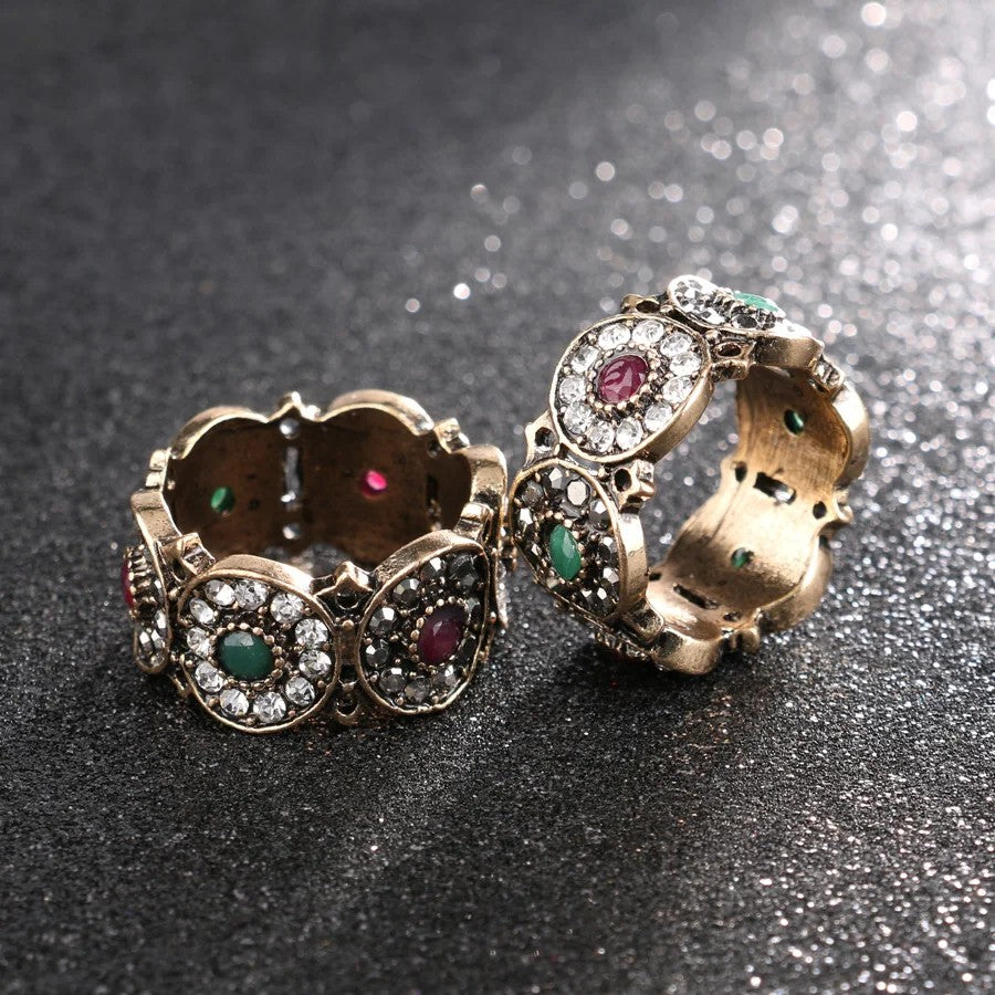 Vintage Turkey Hollow Ancient Gold Color Colorful Resin Stone Rings For Women